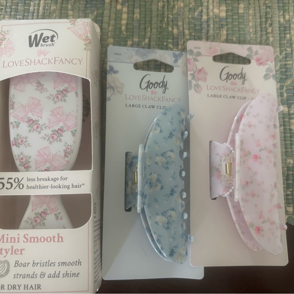 LoveShackFancy Target mini brush and two large hair claws